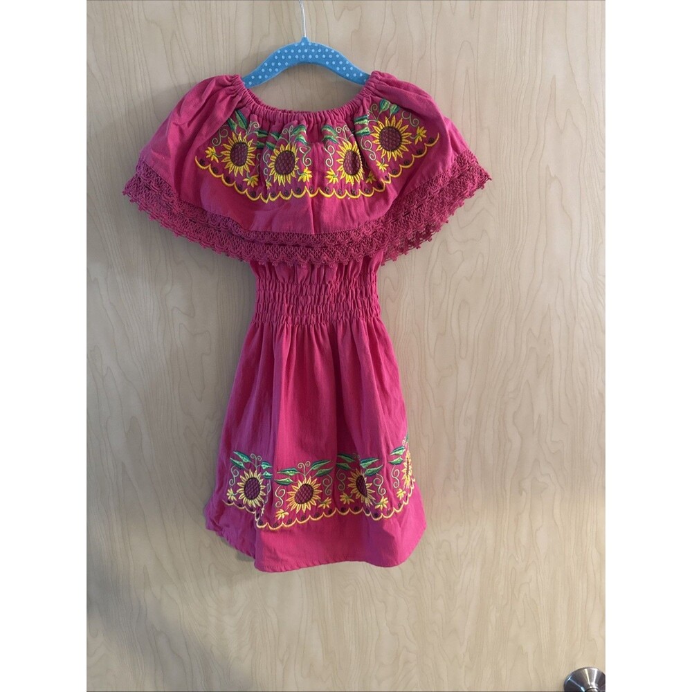 Artisanal Embroidered Dress 100% Cotton Sunflower Fuchsia Girls Size 4
